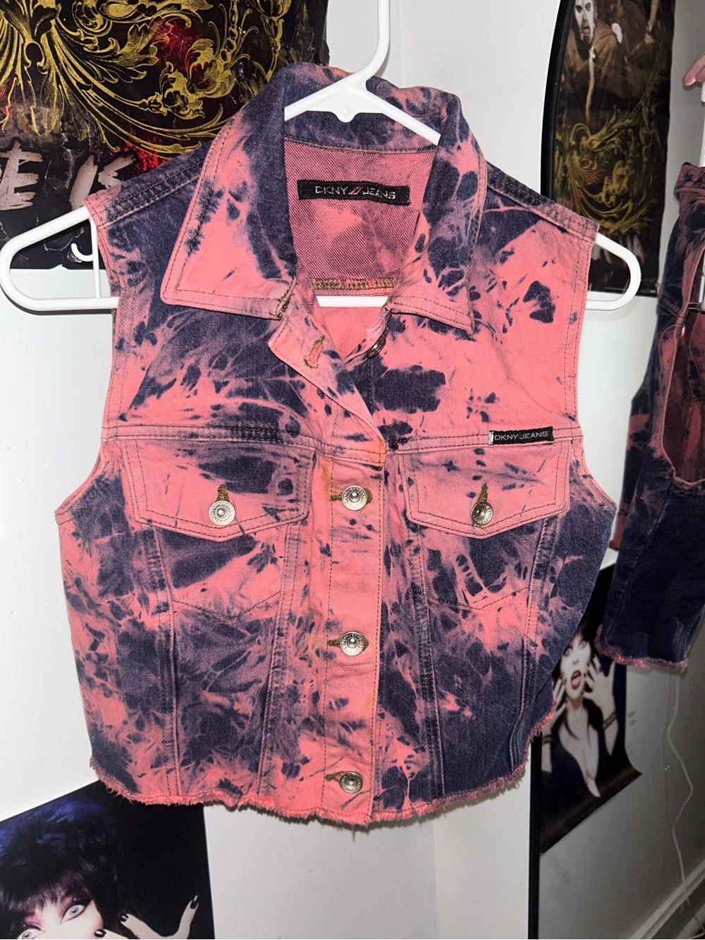 Custom DKNY Jeans Pink & Navy Blue Acid Wash Denim Vest
